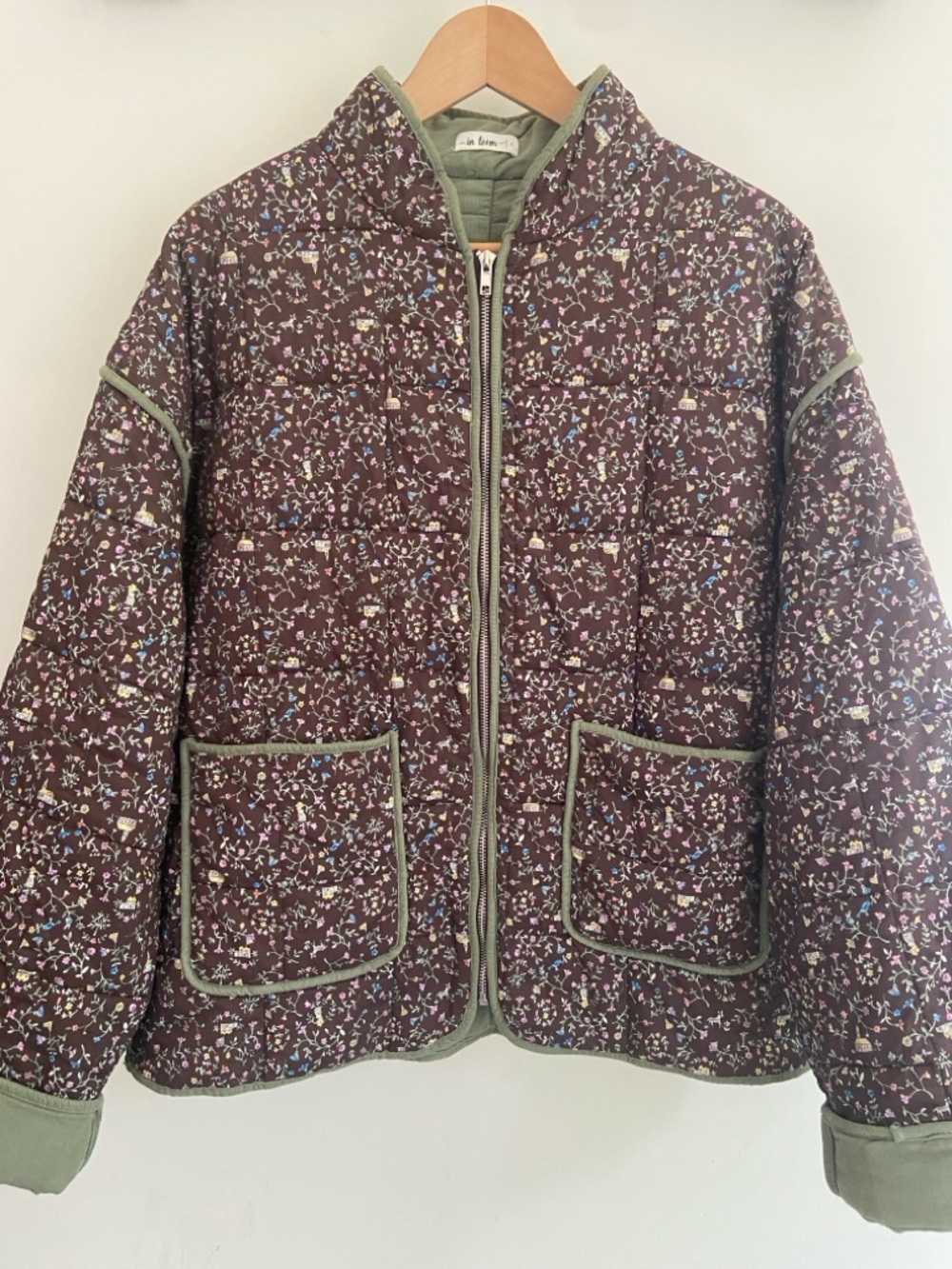 Quilted Floral Zip Jacket in Deep Plum with Sage Trim